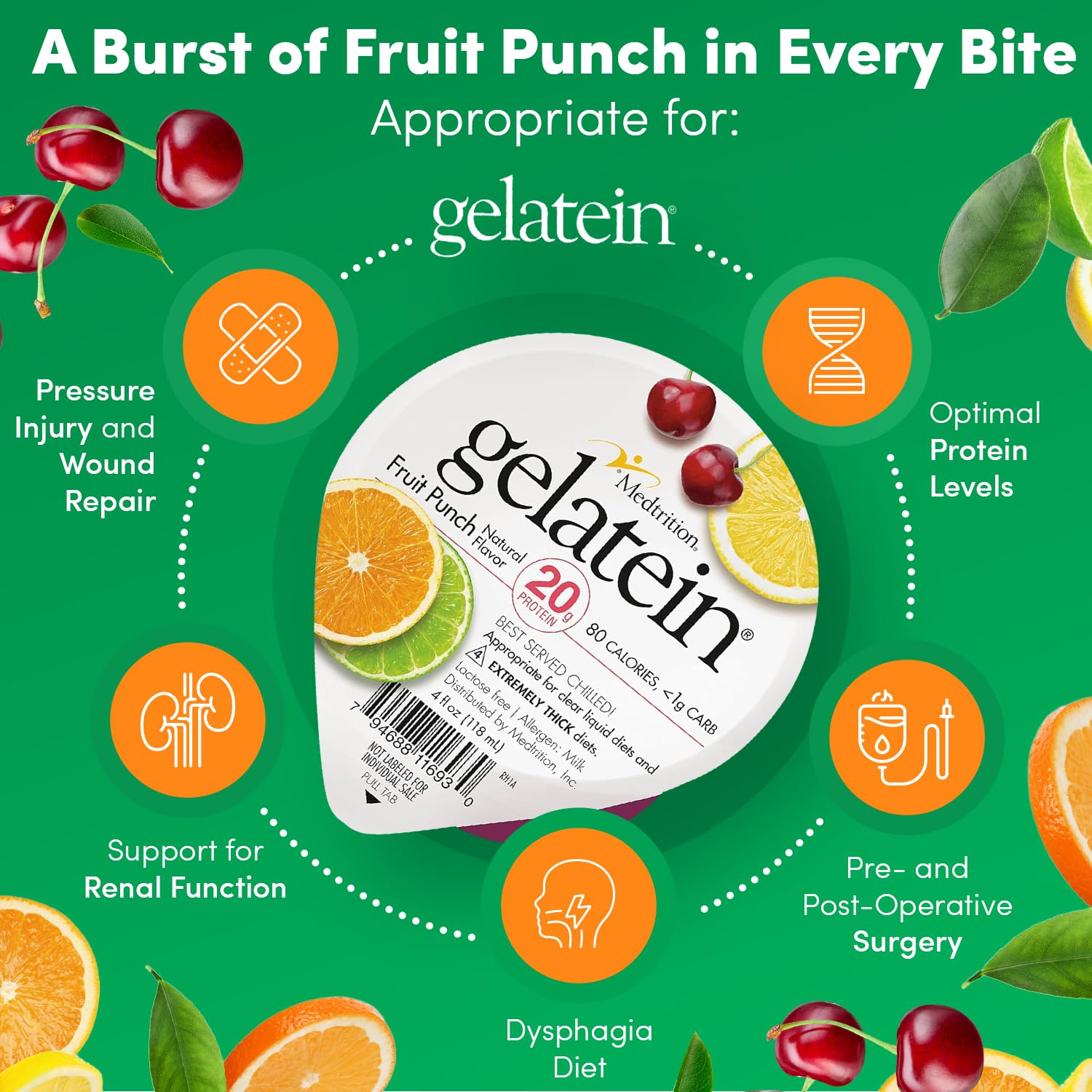 Medtrition Gelatein Fruit Punch on a kitchen countertop, convenient ready-to-serve snack.