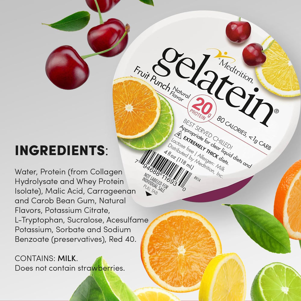 Medtrition Gelatein Fruit Punch served in a glass, sugar-free refreshment option.