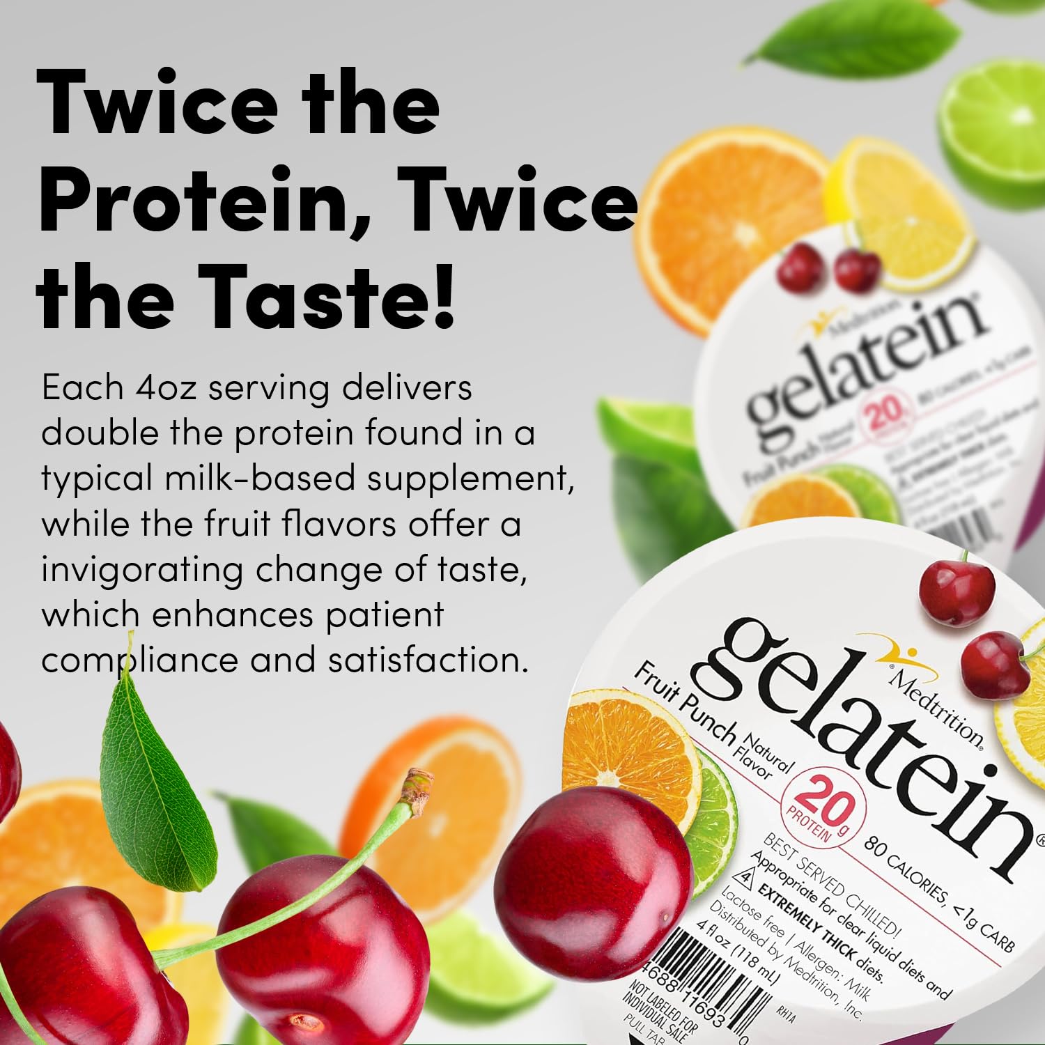 Medtrition Gelatein Fruit Punch texture close-up, dense protein gel.