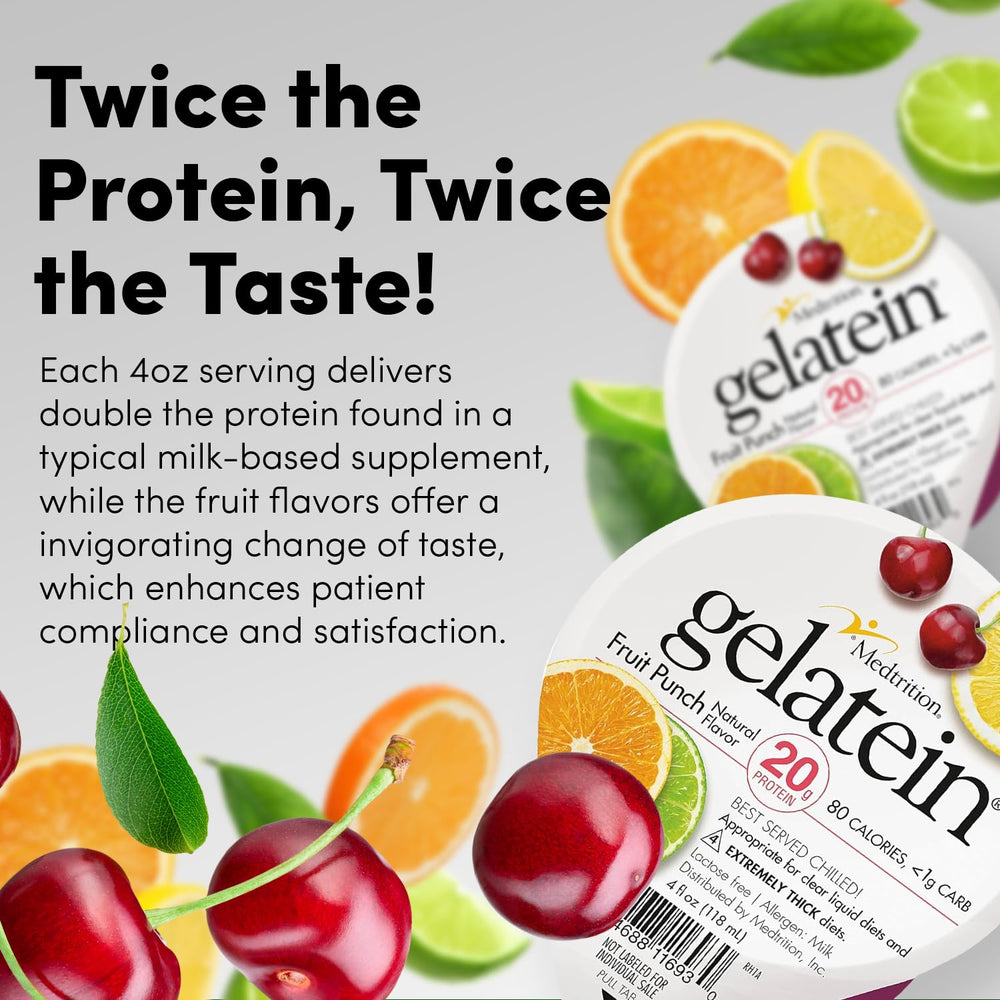 Medtrition Gelatein Fruit Punch texture close-up, dense protein gel.