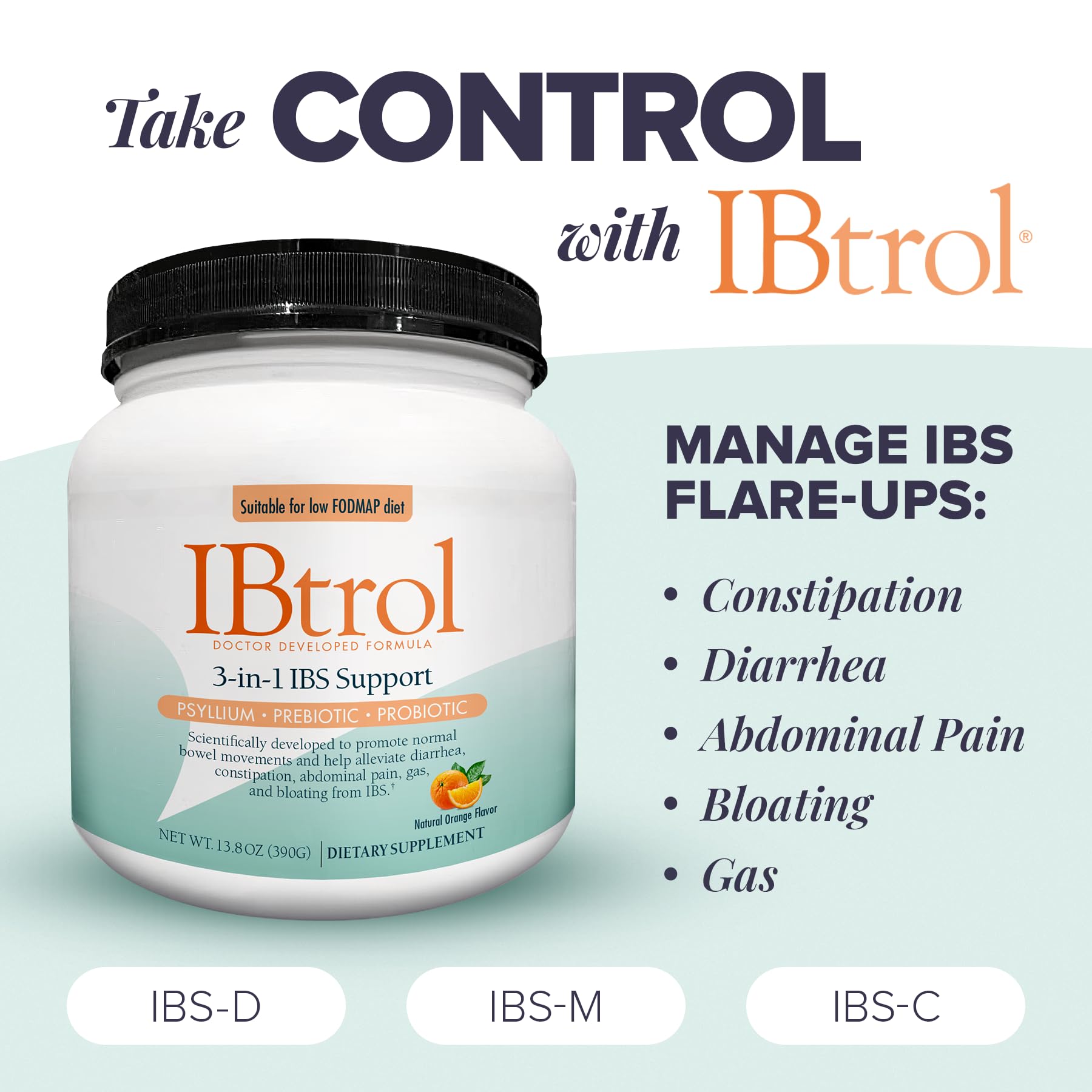 IBtrol patented prebiotic fostering healthy microbiome growth.