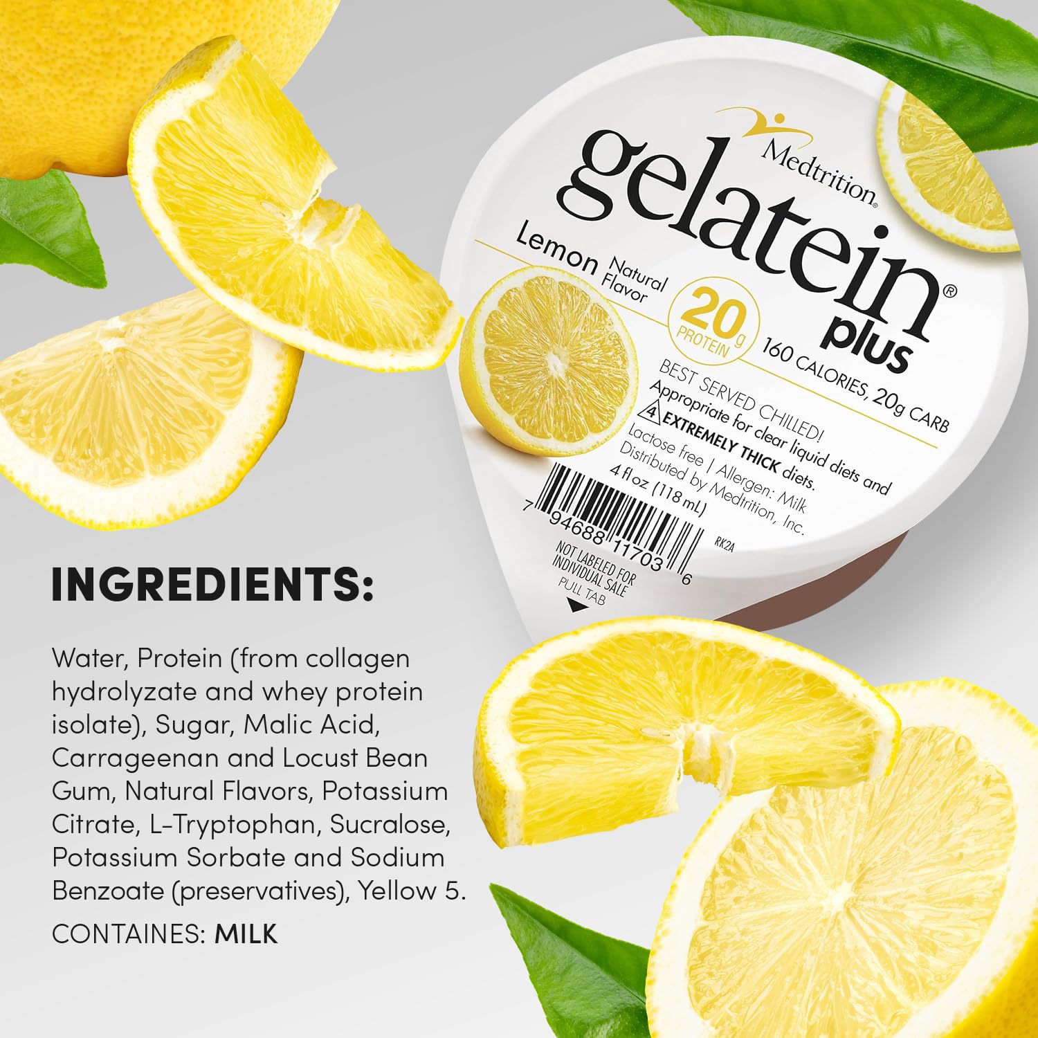 Medtrition ProSource Gelatein Plus Lemon glass with liquid highlight for clear liquid diet compatibility