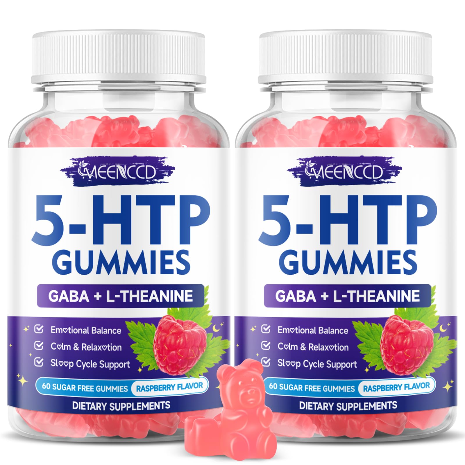 MEENCCD raspberry 5-HTP gummies bottle for a calm evening routine.