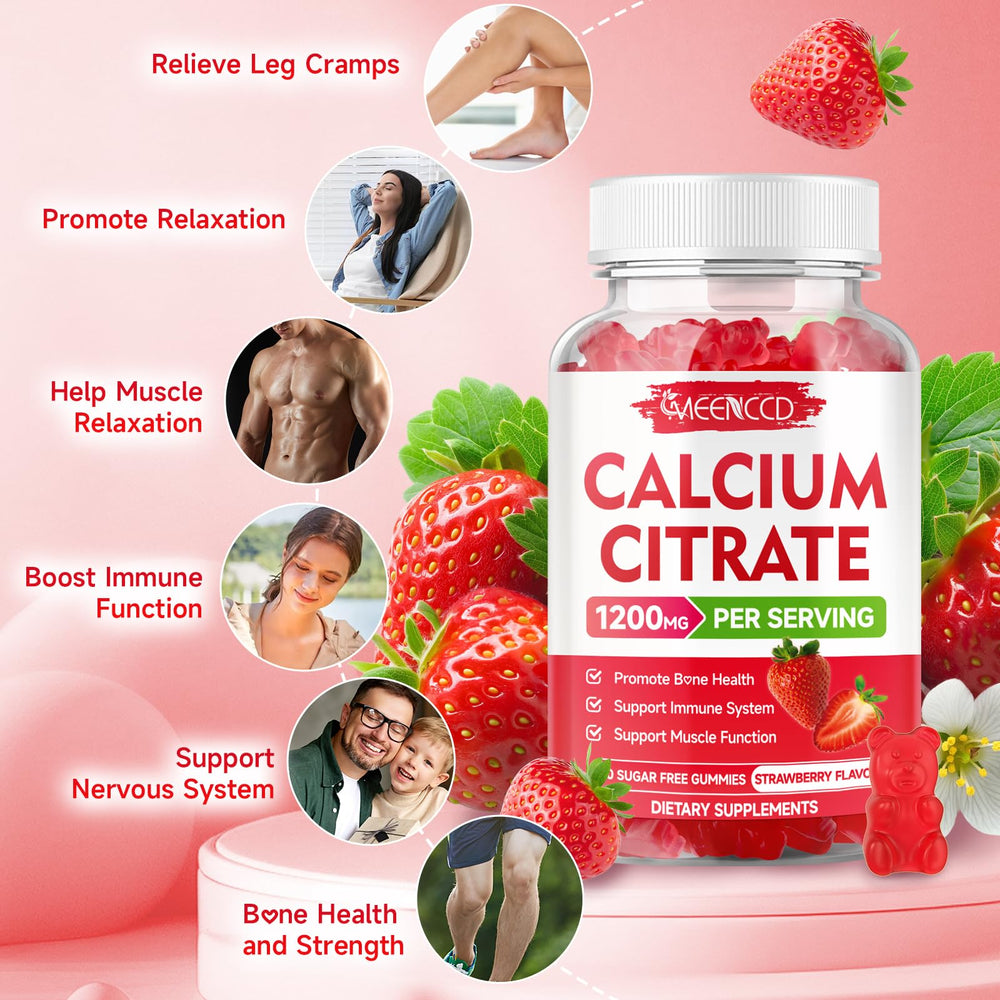 MEENCCD Calcium Citrate Gummies closeup texture, vibrant gummies designed for efficient absorption.