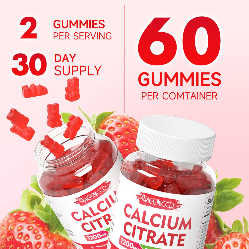 MEENCCD Calcium Citrate Gummies jar on counter, shelf-ready vegan supplement.