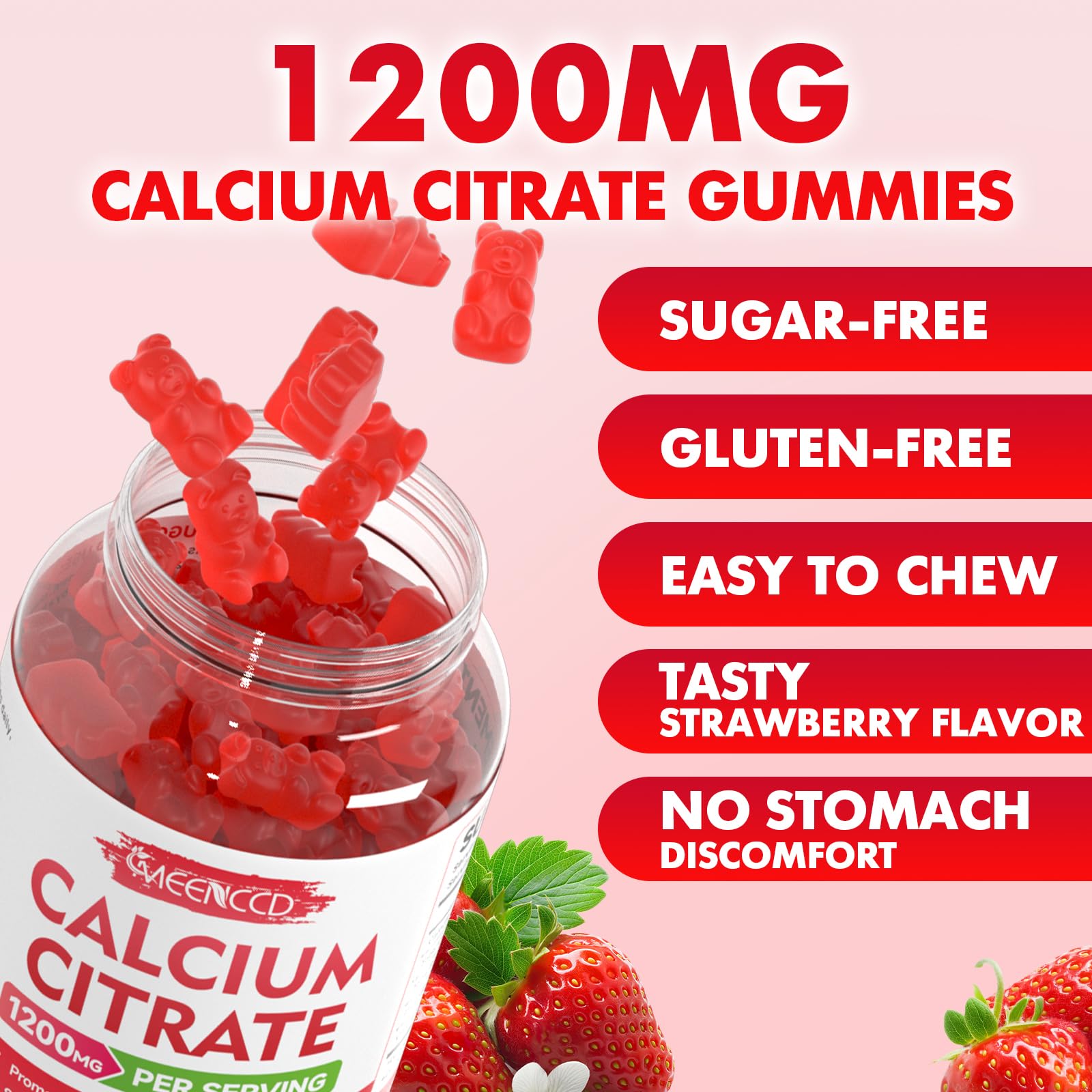 MEENCCD Calcium Citrate Gummies packaging 60-count, long-lasting daily supply.