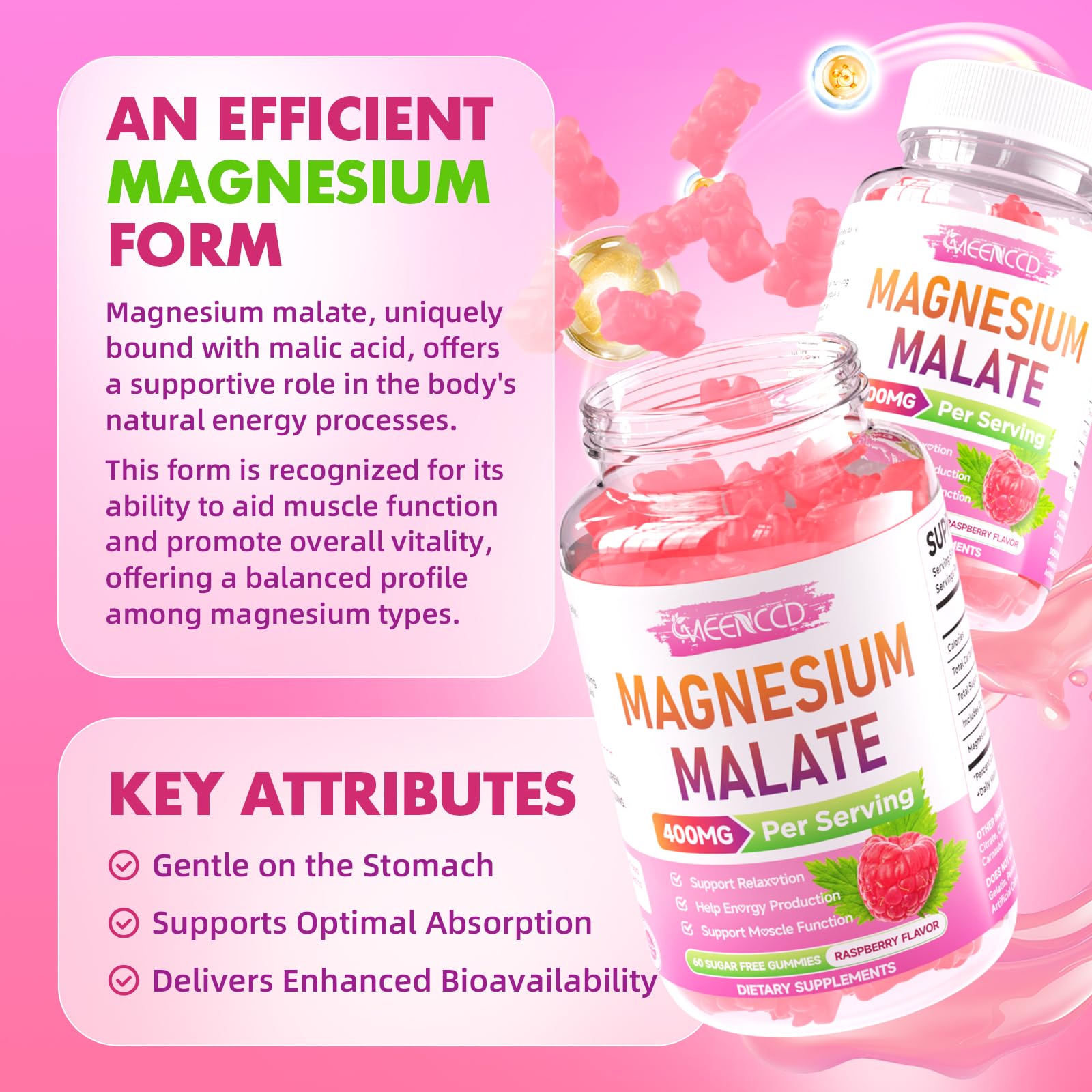 MEENCCD Magnesium Malate Gummies bottle being poured to reveal chews.