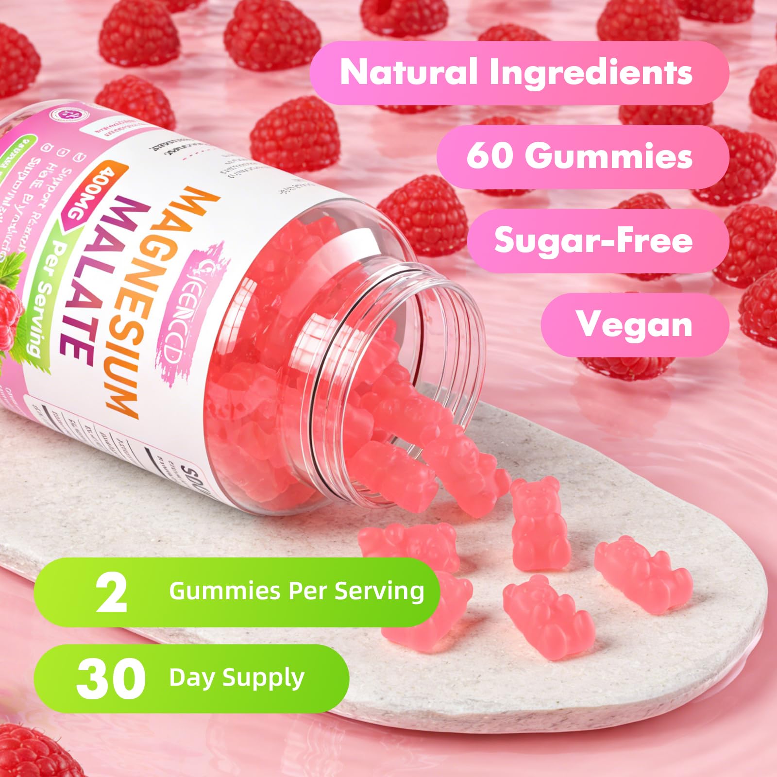 MEENCCD Magnesium Malate Gummies 400 mg per serving detail visible.
