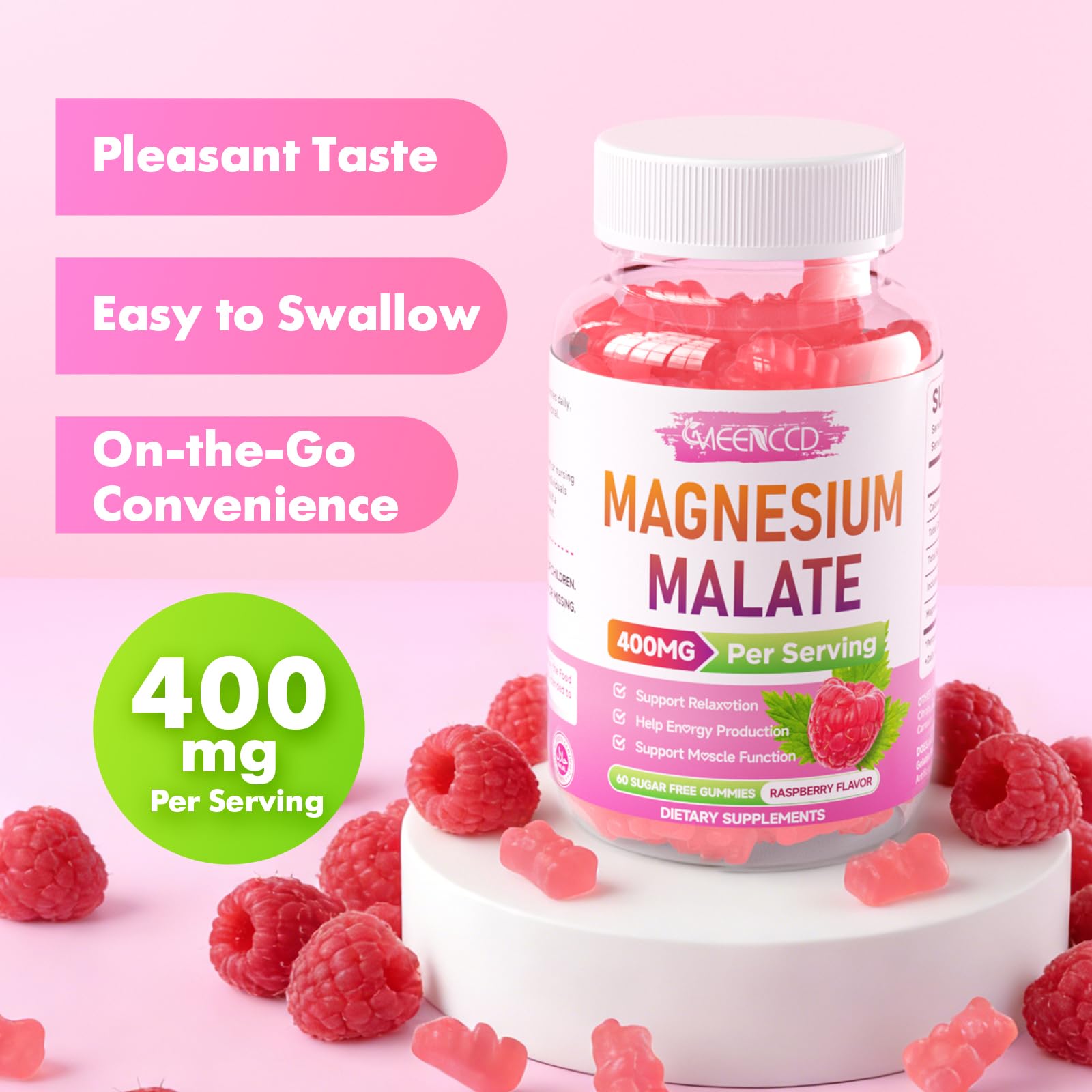 MEENCCD Magnesium Malate Gummies raspberry flavor visible on packaging.