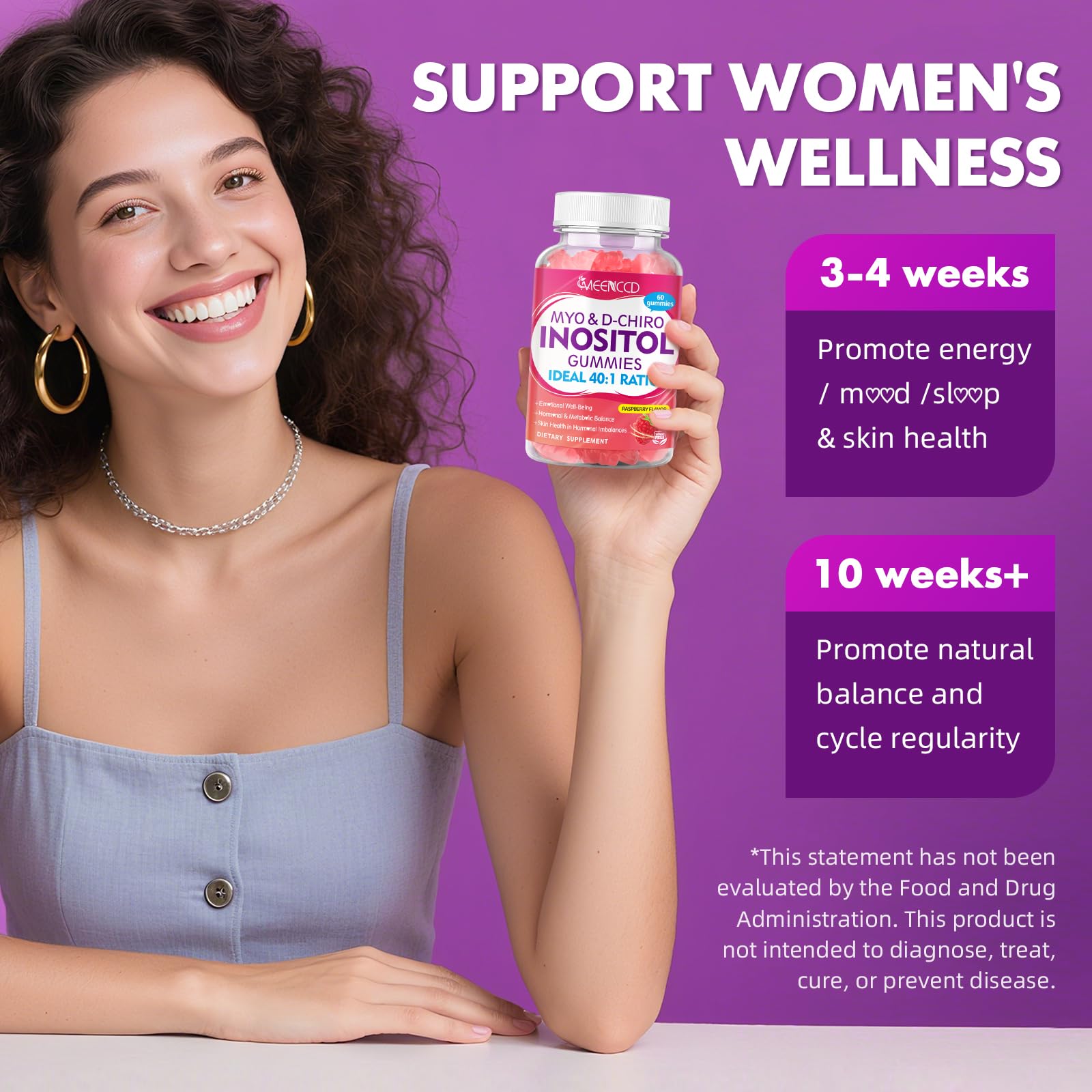 MEENCCD Myo-Inositol gummies gluten-free logo signals gluten-free ingredients.
