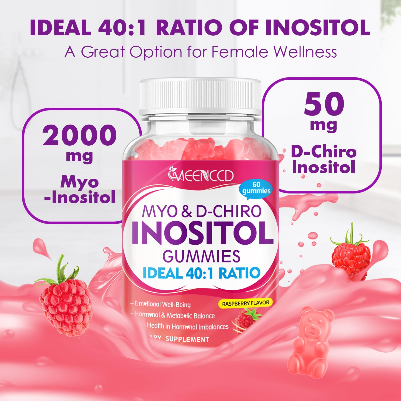 MEENCCD Myo-Inositol gummies label nutrition highlights the 40:1 ratio.