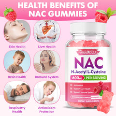 MEENCCD NAC Gummies closeup texture shows chewy raspberry bites.