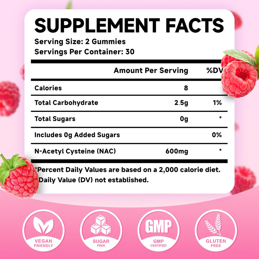 MEENCCD NAC Gummies raspberry label emphasizes 600 mg NAC per serving.