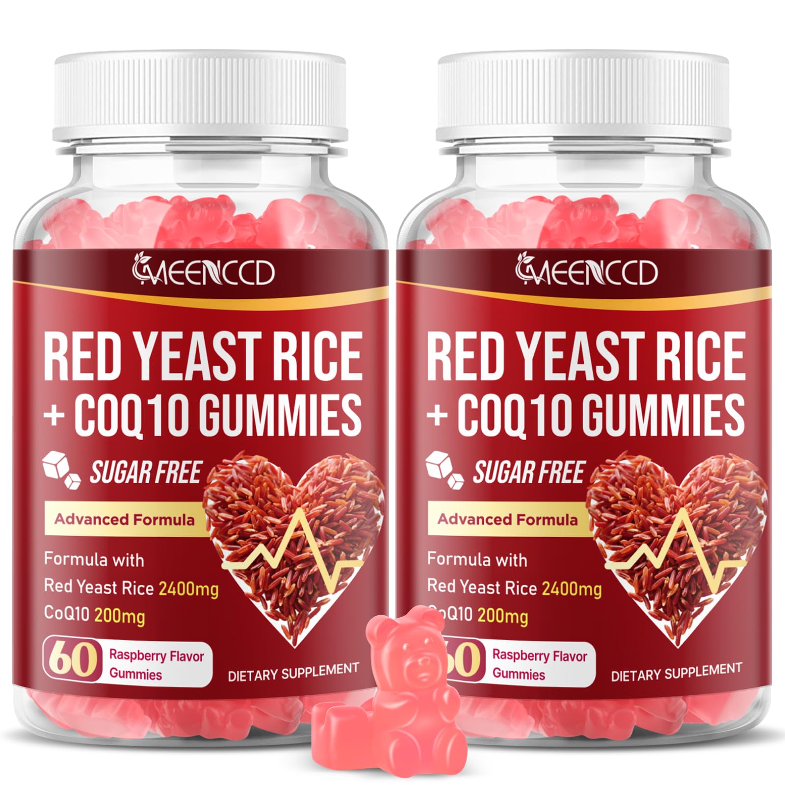 MEENCCD red yeast rice with CoQ10 gummies bottle front view highlights essential nutrients