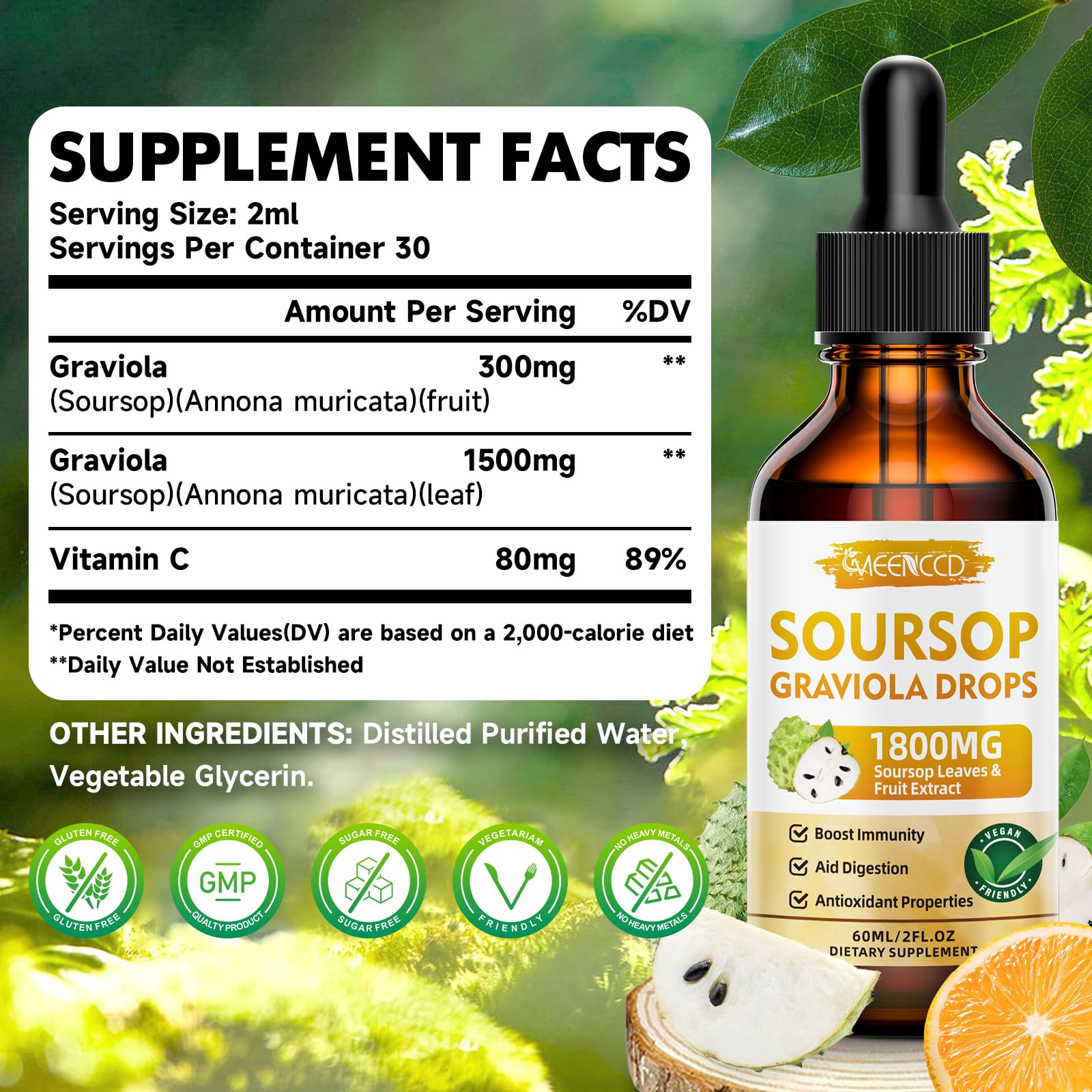 MEENCCD Soursop Drops bottle pour demonstrates easy, mess-free dosing.
