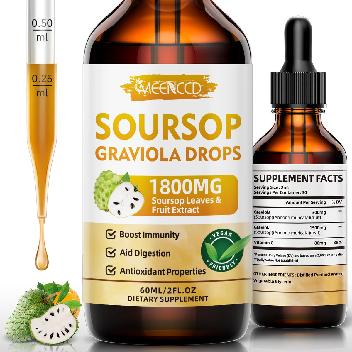 MEENCCD Soursop Drops bottle top shows secure seal for freshness.