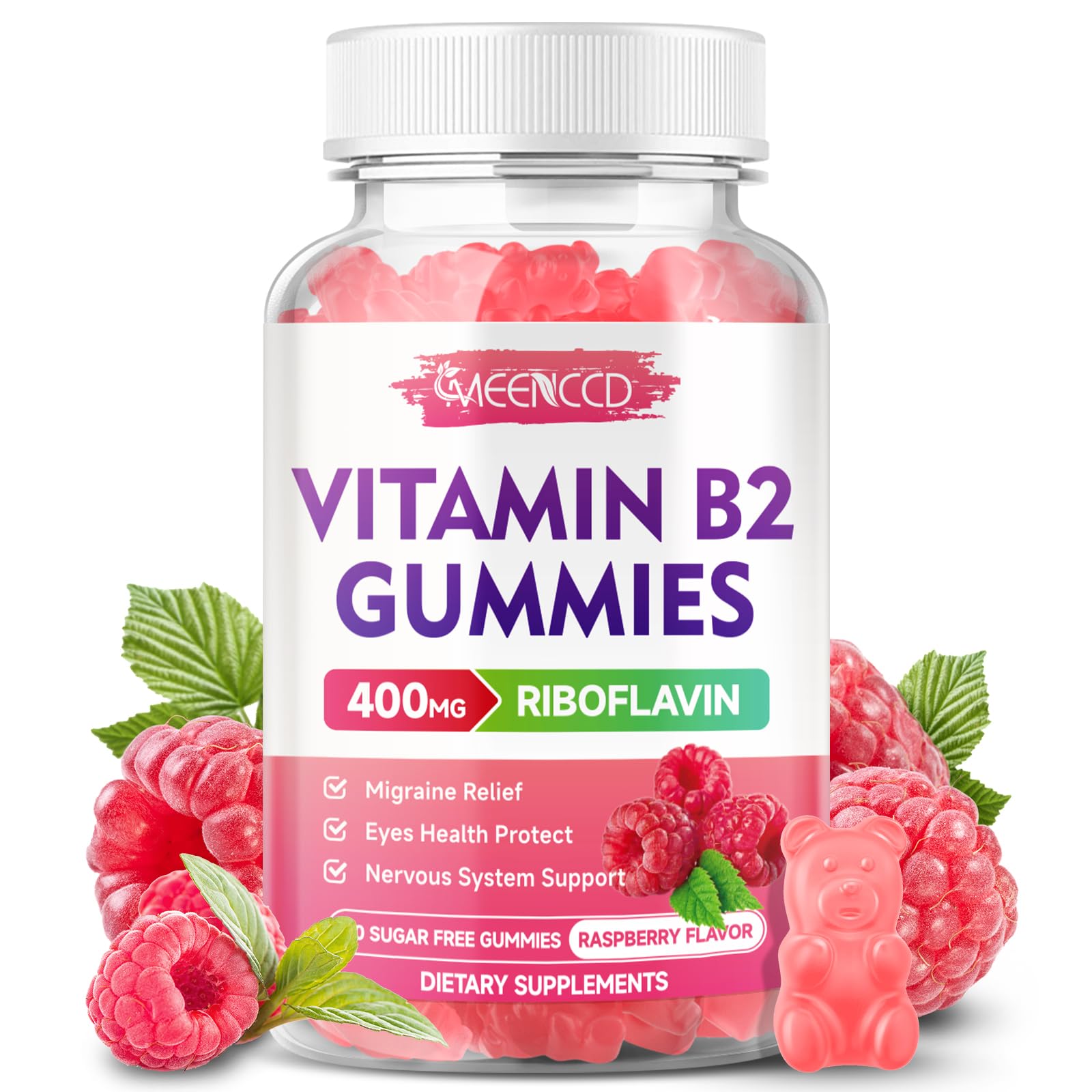 MEENCCD Vitamin B2 Gummies raspberry bottle for daily energy support.