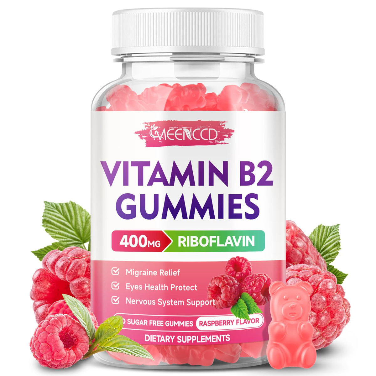 MEENCCD Vitamin B2 Gummies raspberry bottle for daily energy support.