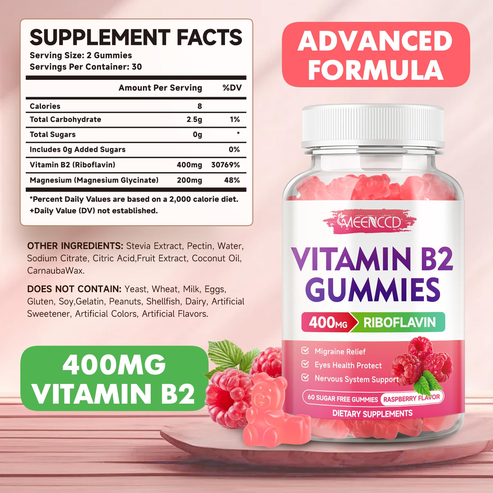 MEENCCD Riboflavin 400 mg gummies jar close-up for convenient intake.