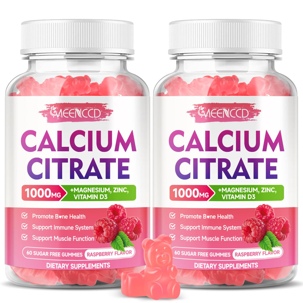MEENCCD calcium citrate gummies raspberry bottle displaying high-absorption formula for daily use