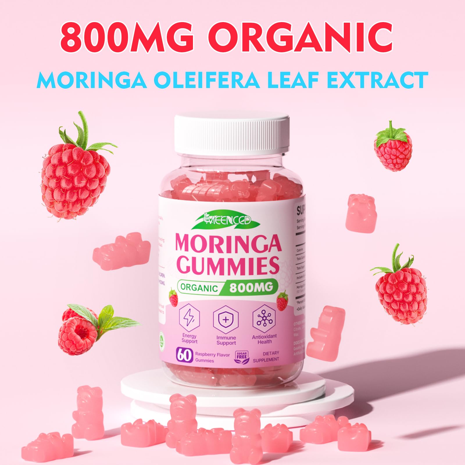 MEENCCD Moringa Gummies non-GMO badge highlights quality