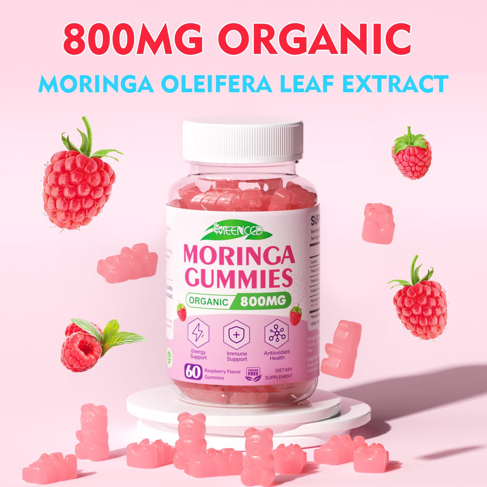 MEENCCD Moringa Gummies non-GMO badge highlights quality