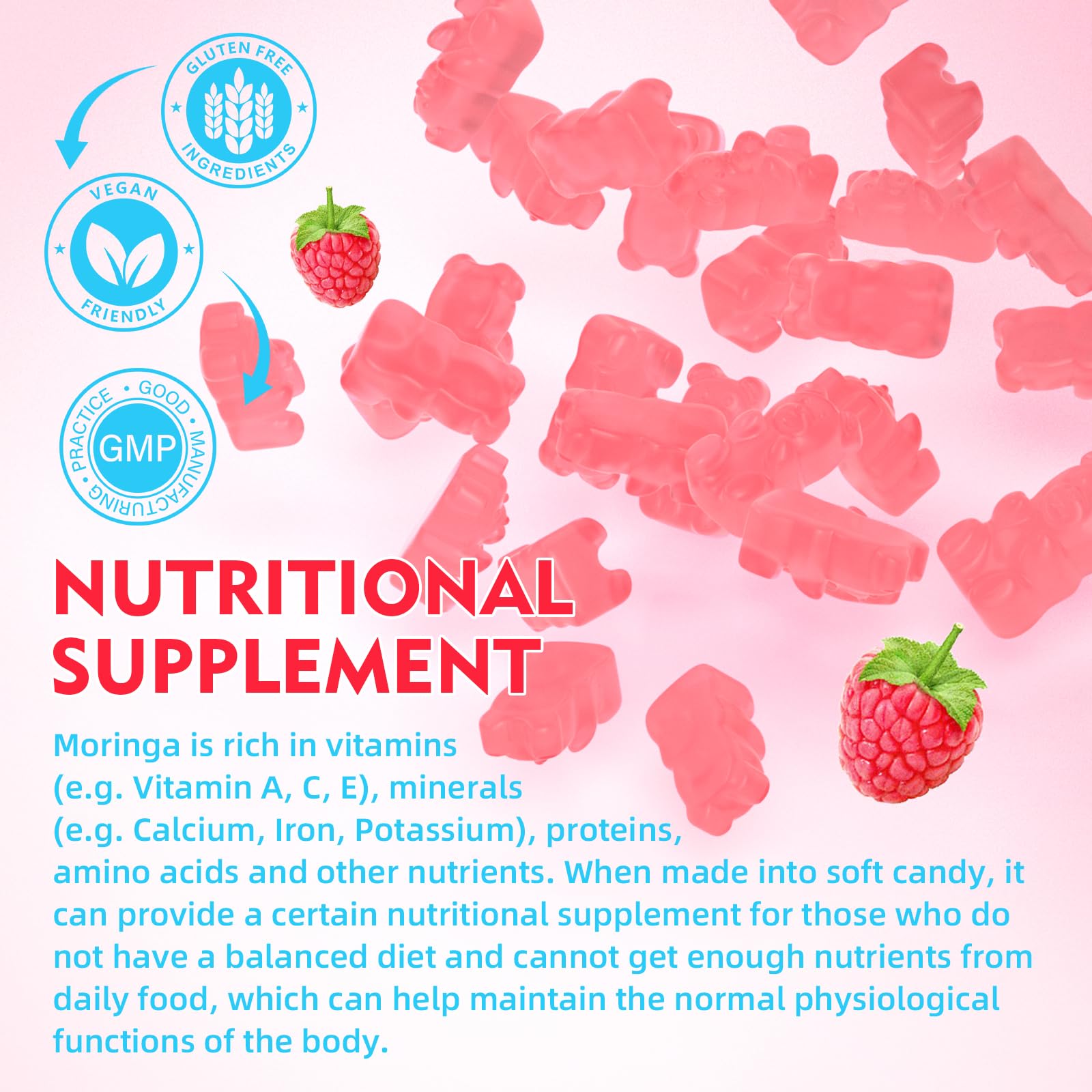 MEENCCD Moringa Gummies vegan label indicates plant-based formula