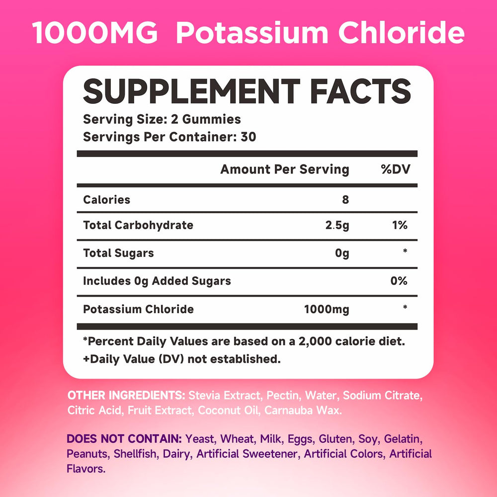 MEENCCD potassium gummies label close-up shows 1000mg per serving