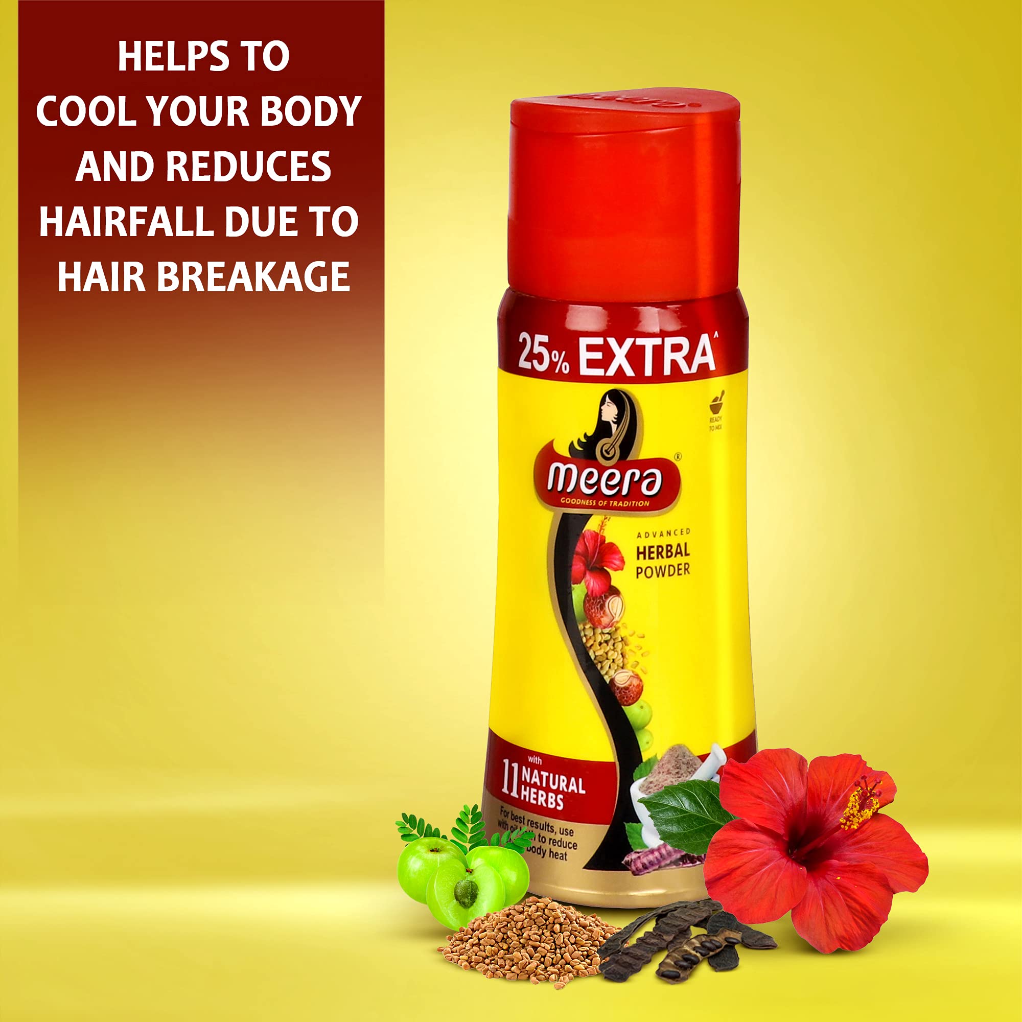 Meera Advanced Herbal Hair Wash Powder scooped with herbs suggests gentle cleansing and nourishment