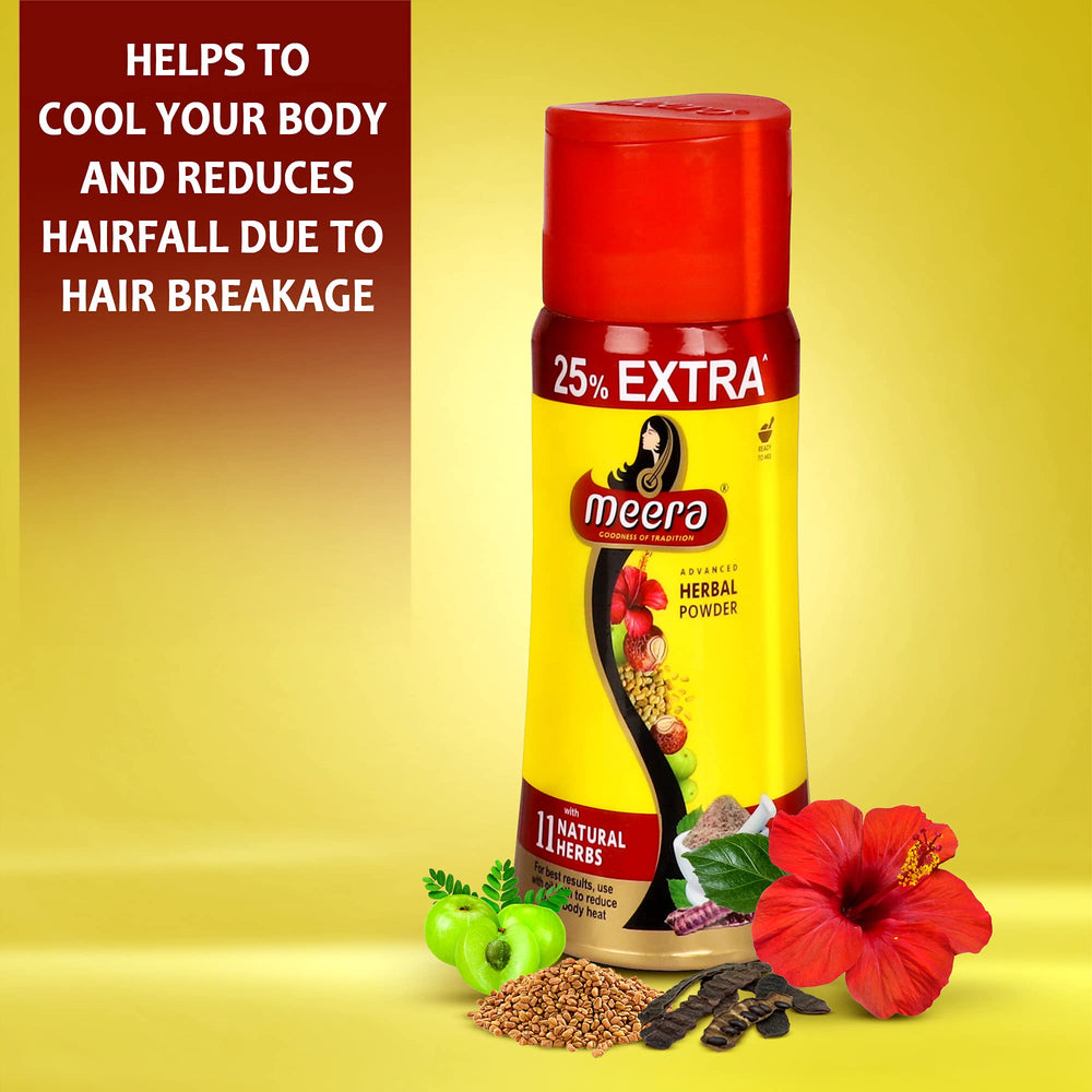 Meera Advanced Herbal Hair Wash Powder scooped with herbs suggests gentle cleansing and nourishment