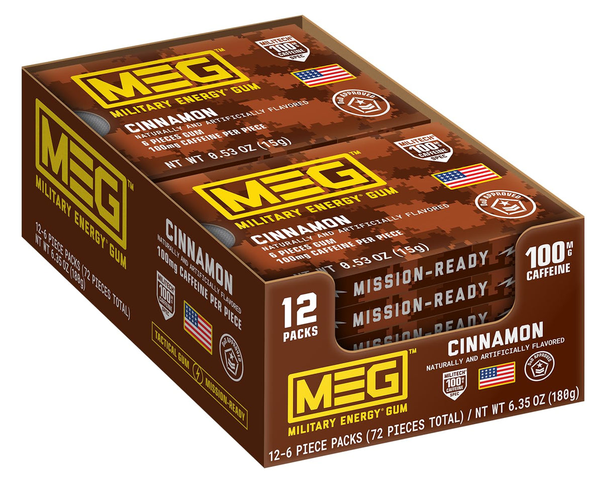 MEG Cinnamon Energy Gum pack front for fast caffeine boost on the go.