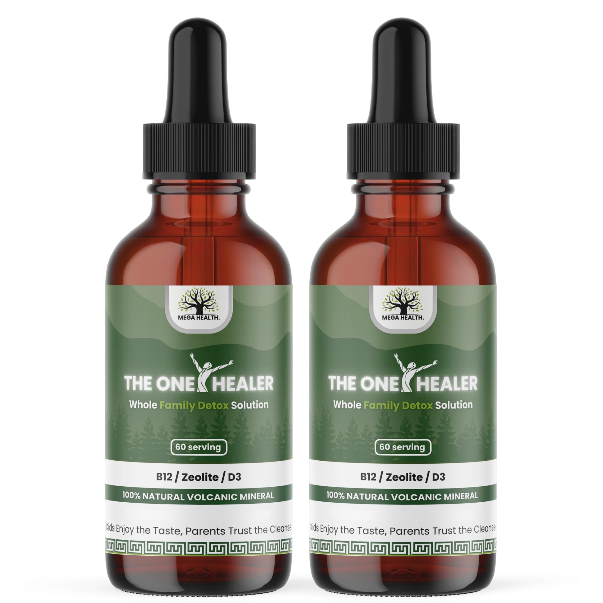 MEGA HEALTH Zeolite Detox bottle with B12 and D3 for family use.