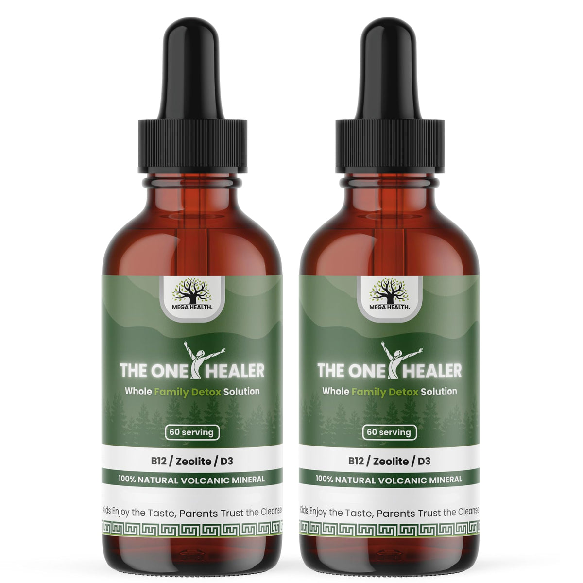 MEGA HEALTH Zeolite Detox bottle with B12 and D3 for family use.
