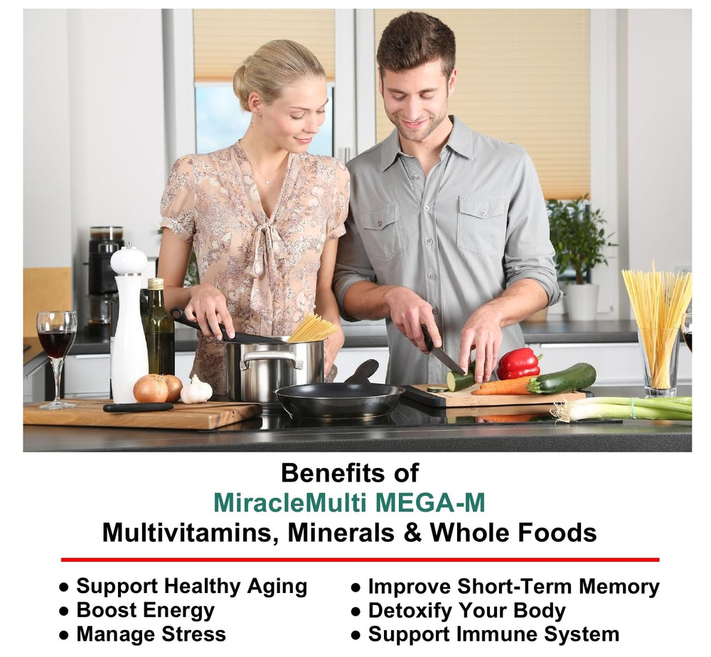 Mega-M multivitamin tablets close-up highlighting balanced nutrition
