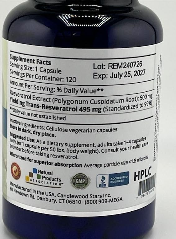 Back label close-up showing supplement facts for Mega Resveratrol.