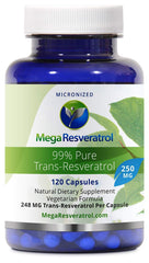 Mega Resveratrol bottle with 250 mg capsules suggesting reliable daily intake