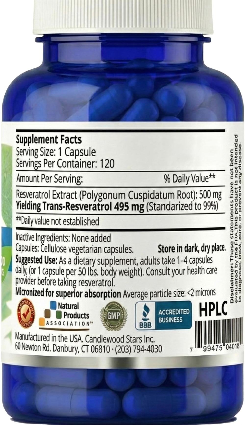 Mega Resveratrol capsules 500mg emphasizing high potency.