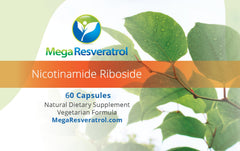 Mega Resveratrol NR capsules close-up showing 99% pure crystallized NR