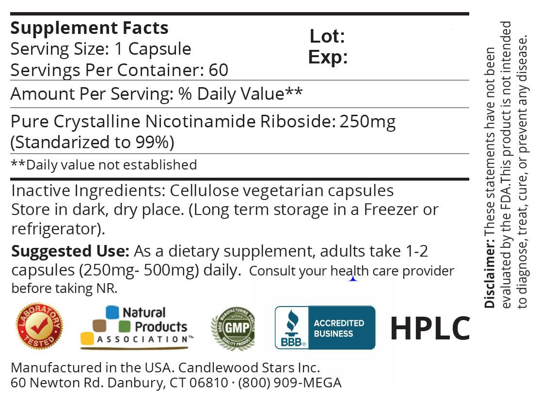 Mega Resveratrol NR label detail highlighting purity and no fillers