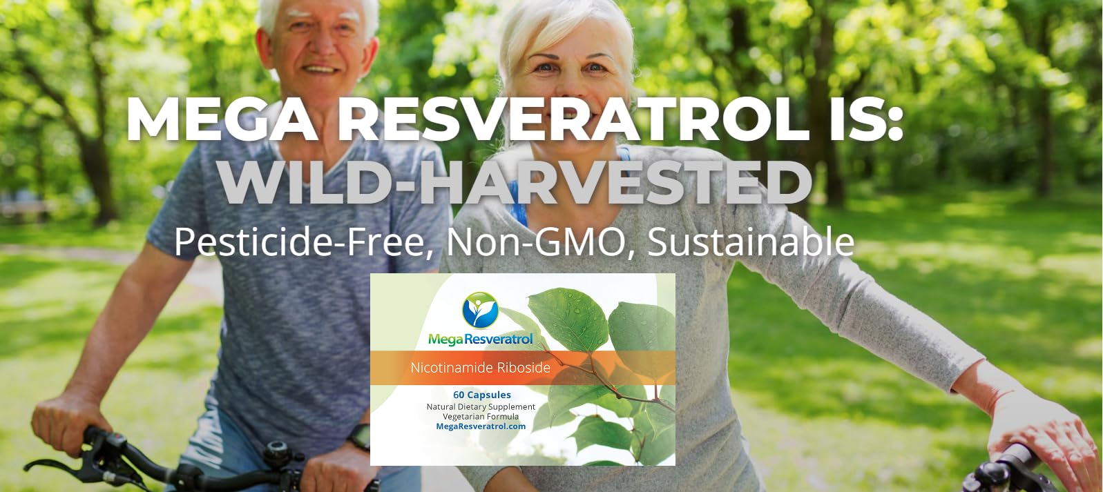 Mega Resveratrol NR packaging emphasizes vegan, gluten-free, and non-GMO attributes