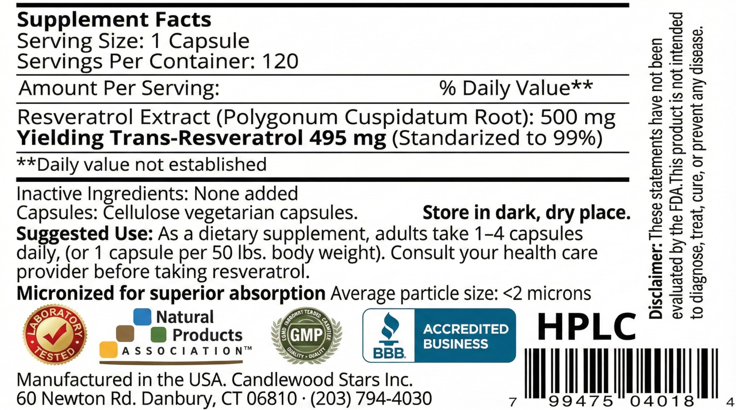 Purity label on Mega Resveratrol packaging at 99%.