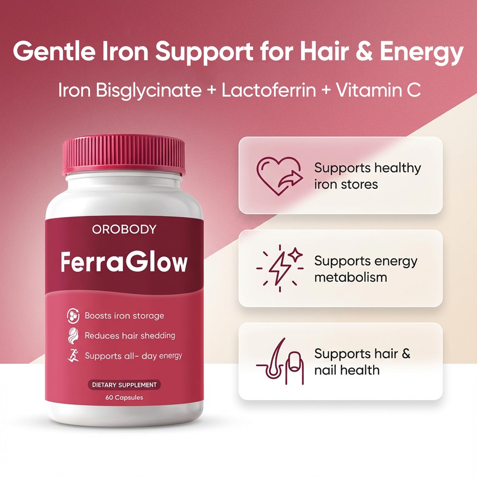 Megacephalus FerraGlow label closeup highlighting lactoferrin and iron bisglycinate.