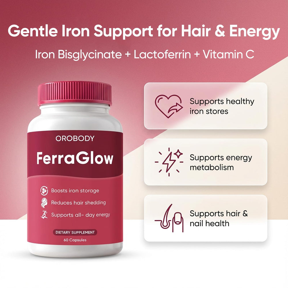 Megacephalus FerraGlow label closeup highlighting lactoferrin and iron bisglycinate.