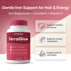 Megacephalus FerraGlow label closeup highlighting lactoferrin and iron bisglycinate.