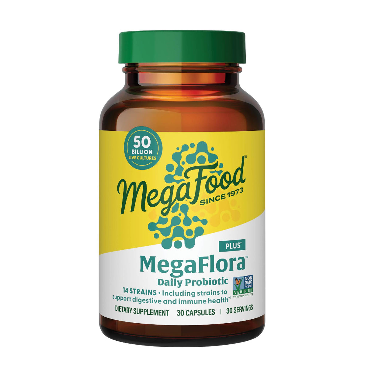 MegaFood MegaFlora Probiotic Plus bottle front for daily digestive balance.