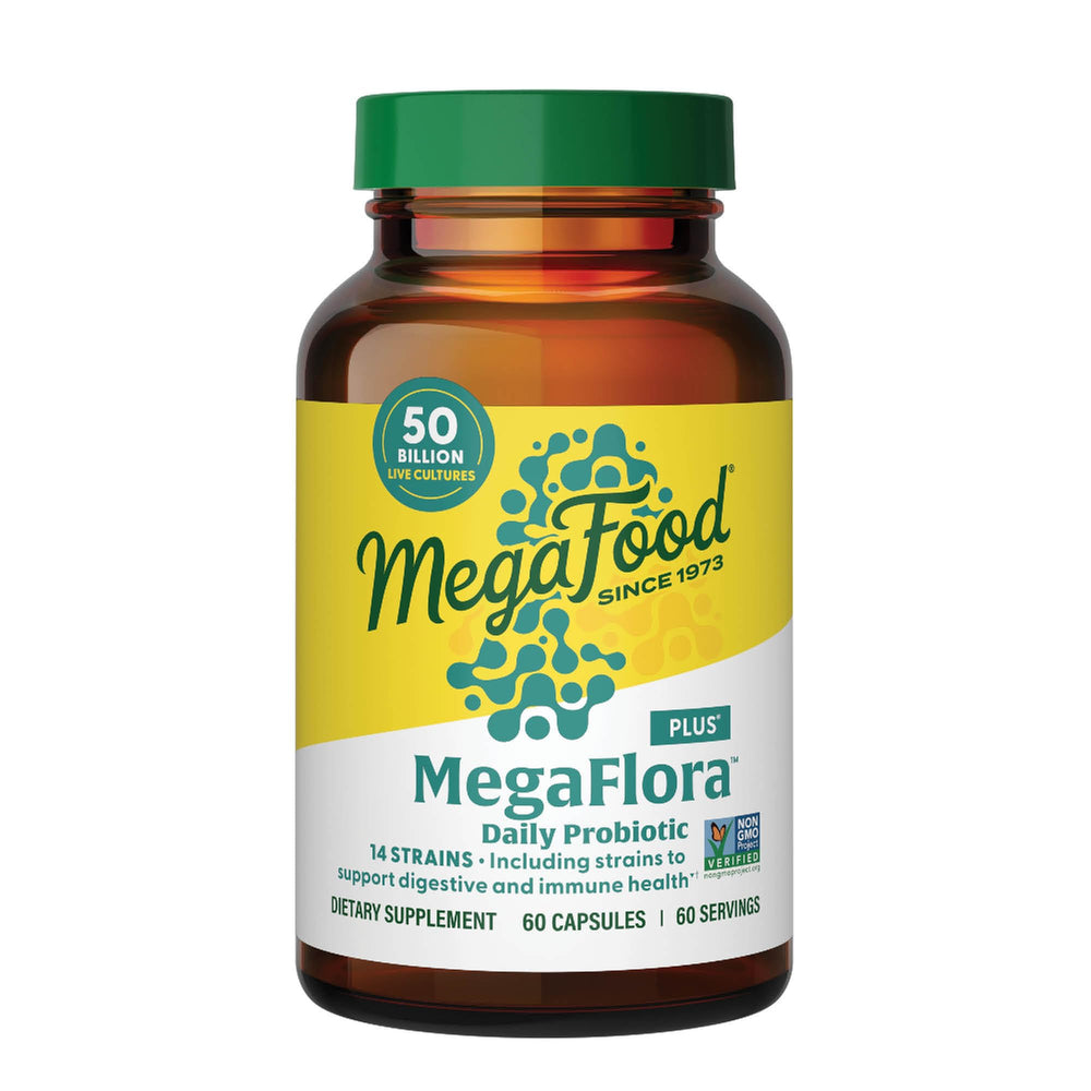 MegaFood MegaFlora Plus bottle front illustrating the probiotic blend for daily digestive routine