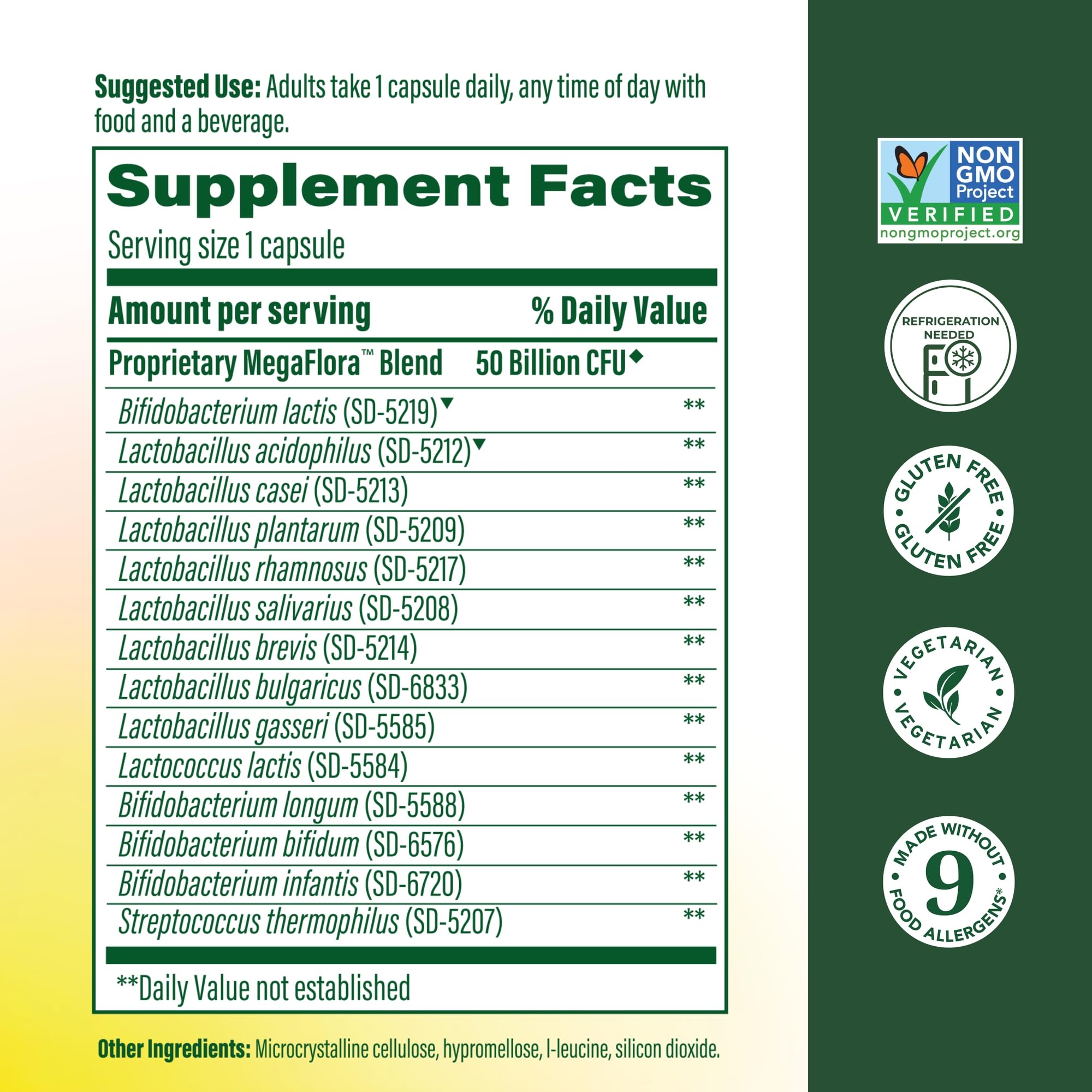 MegaFood MegaFlora Plus bottle label shows 14 probiotic strains for gut health.