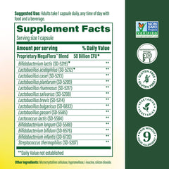 MegaFood MegaFlora Plus bottle label shows 14 probiotic strains for gut health.