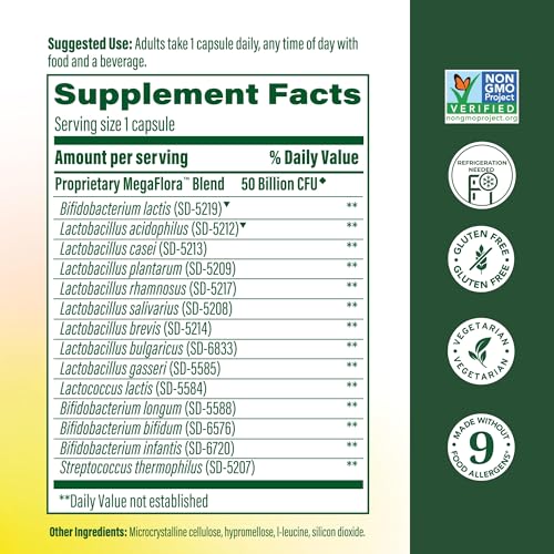 MegaFood MegaFlora Plus capsules closeup highlights 50B CFU potency