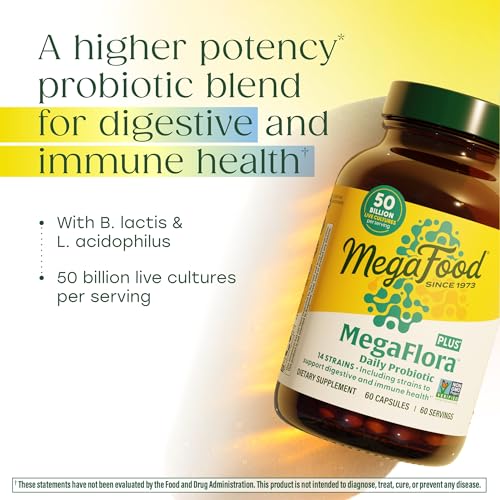 MegaFood MegaFlora Plus label detail shows 14 probiotic strains for diverse support